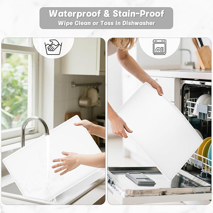 Rnivvi Silicone Coffee Mat, 16" x 24" Waterproof Raised Edge Coffee Bar Mats for Espresso Machine Station Accessories, Heat Resistant Dish Drying Pad for Kitchen Counter, Rubber Bar Decor Pad, White