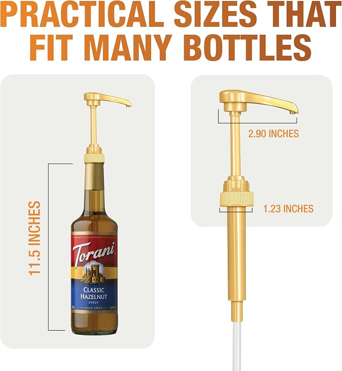 6 pack Coffee Syrup Pump Dispenser (Gold) - Compatible with Torani, Davinci and Skinny Syrup Bottles (750 ml 25.4 oz Bottles)