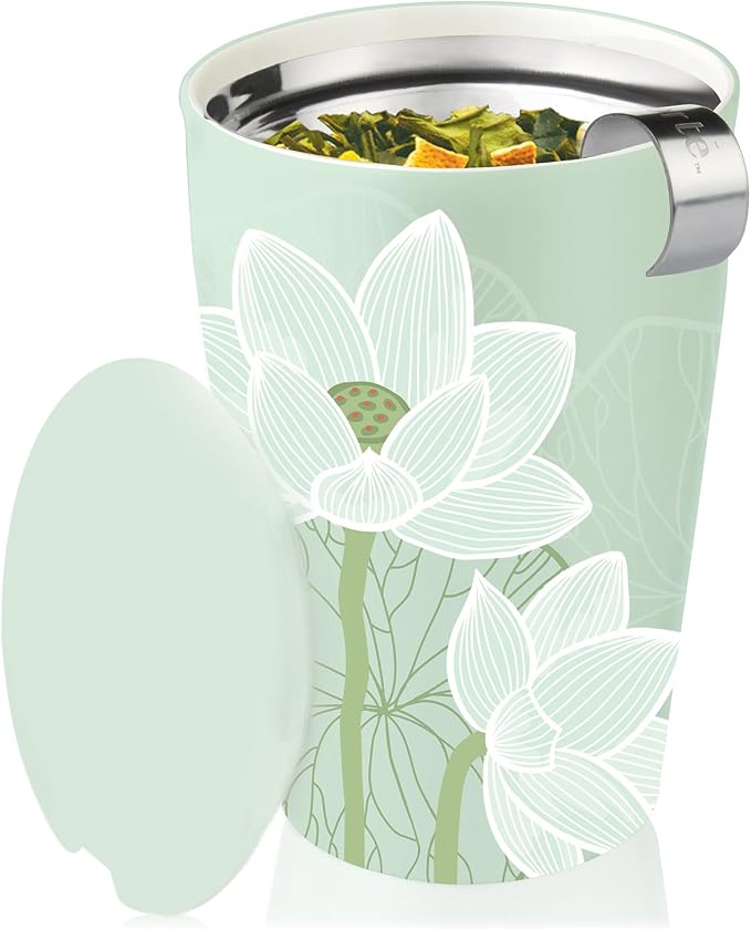 Tea Forte Double-Walled Ceramic Kati Cup, Lotus Blossom, 12 oz | Insulated Ceramic - Stainless Steel Loose Leaf Infuser - Keeps Tea Hot Longer - Lid Included - Microwave & Dishwasher Safe