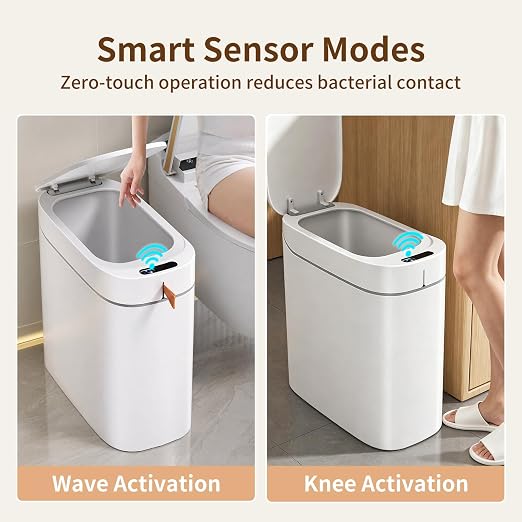 Motion Sensor Bathroom Trash Can, 3.5 Gallon Slim Touchless Automatic Garbage Bin with Lid, Rechargeable Design with Auto Bag Adsorption and One Pull Sealing for Kitchen, Bedroom, Office, Living Room