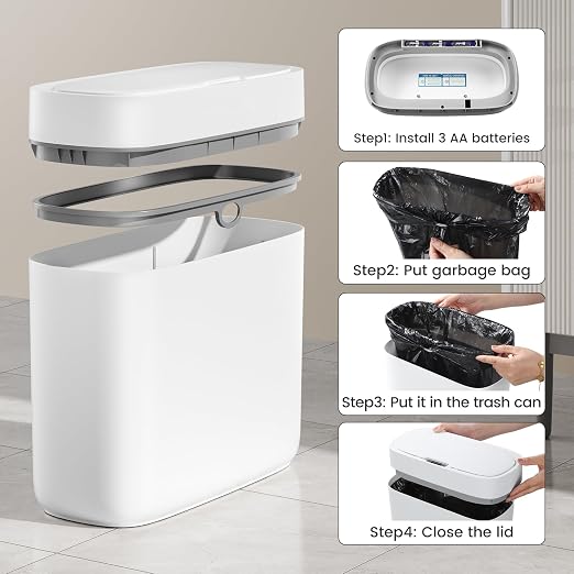JUDRDO 3.5 Gal Slim Touchless Bathroom Trash Can, Automatic Diaper Pail | Motion sensor opening, automatic liner suction, slim profile for bathrooms, bedrooms, offices, kitchens and nurseries
