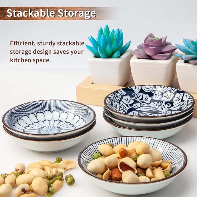 Eisinly 6 Pack Dipping Bowls,3 OZ Small Ceramic Soy Sauce Dish,Vintage Blue | 4 Inch, Blue-white Glaze, Shiny, Safe, Dishwasher Safe, for Seasonings, Sushi & BBQ