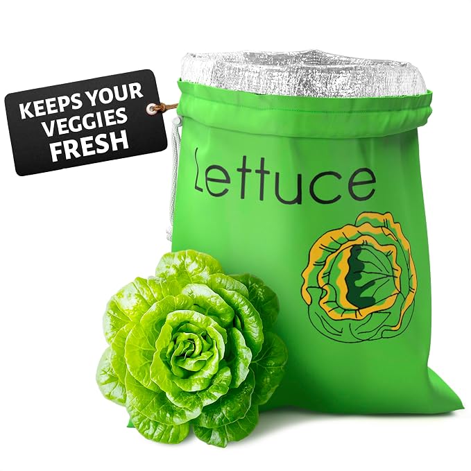 Lettuce Keeper Bag for Refrigerator, Reusable 3-Layer Foil Lining | Breathable Produce Storage Bags with Drawstring - Keeps Salad Greens Fresh | Sturdy, Washable, for Lettuce, Fruits, Veggies