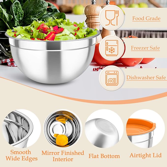 TeamFar Mixing Bowls, Stainless Steel Nesting Salad Bowls Set | Mixing Bowls with Lids & 3 Grater Attachments, For Mixing/Serving/Storing, Non-toxic & Long-lasting, 4.6/3/1.5 QT, Colorful