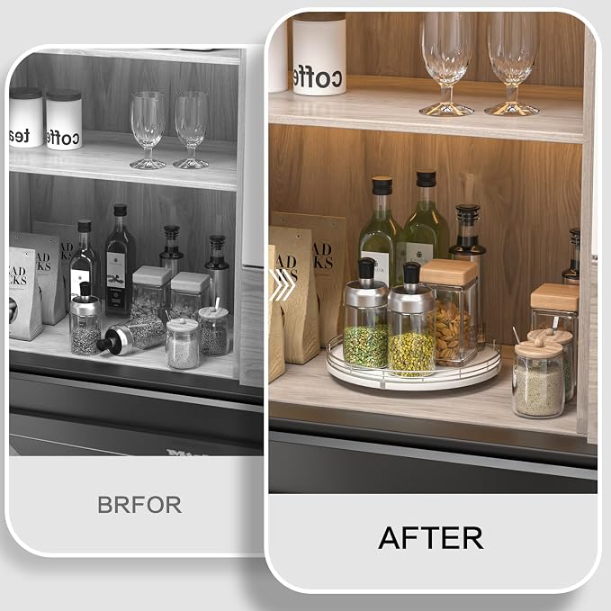 Oroyutor 10-Inch Oak Lazy Susan Vanity Tray with Silver Metal Rail | Rotating oak tray organizes spices, toiletries and decor on kitchen counters, bathroom vanities, dining and coffee tables.