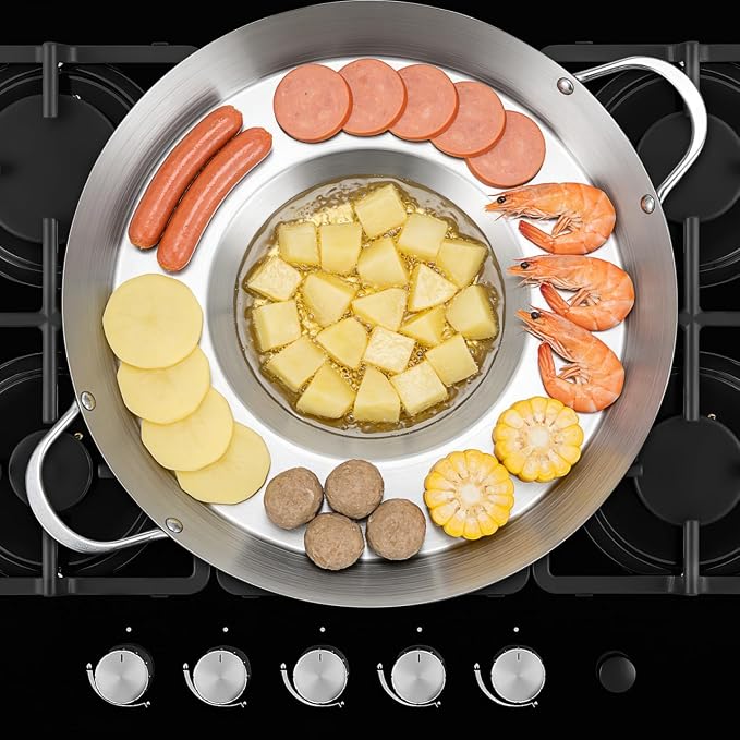 Cabilock Stainless Steel Comal Frying Bowl with Double Handle, Rounded Flat Bottom Paella Pan, Home Wok Pot Non-stick Cooking Pan Kitchen Cookware for Stoves