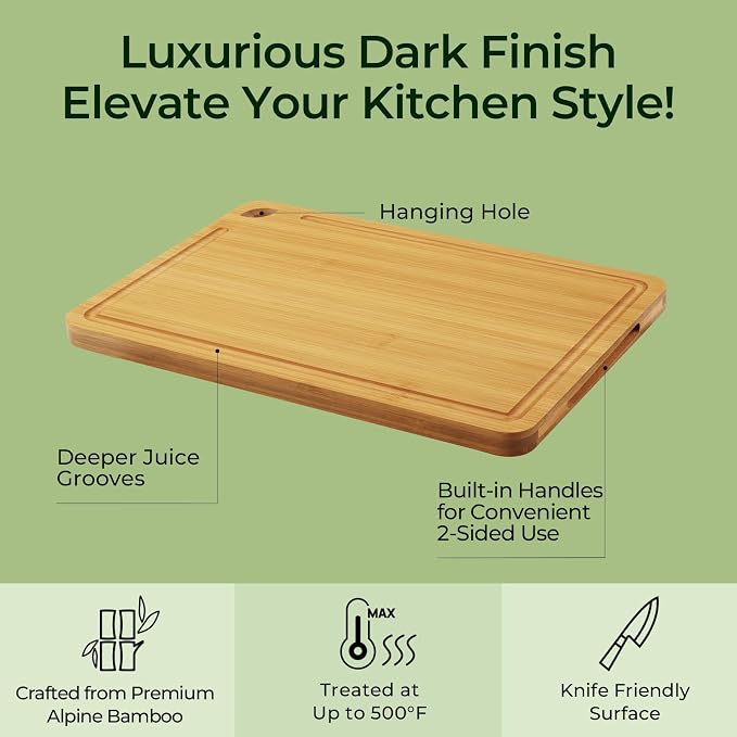Keechee Natural Bamboo Cutting Board Set of 4, Wood Chopping Block Set | Non Toxic, Resisted-Cracking&Curling, Deep Juice Groove, Side Handles,Cross-Laminated Structure, Knife-Friendly