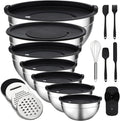 Unokit Mixing Bowls with Lids Set - 16 Pcs Stainless Steel Nesting Mixing Bowls with Grater Attachments, Mixing Bowl Set for Multi Mixing & Serving