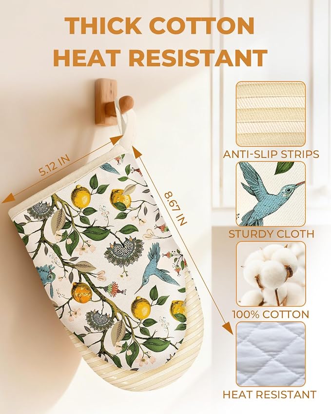 100% Thick Cotton Mini Oven Mitts Silicone Grip Lemon & Birds | Elegant Classic Oven Mitts for Women, Machine Washable, Non-Slip, Reversible Design Fits Both Hands, Stylish Kitchen Decor