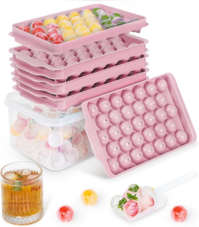 Optish Ice Cube Tray with Lid and Bin, 3 Pack Ice Trays for Freezer, 99 Pcs Round Ice Cube Mold, Ices Maker Bucket with Scoop for Cocktail, Coffee, Rv Accessories, Easy to Release (1 inch, Pink)