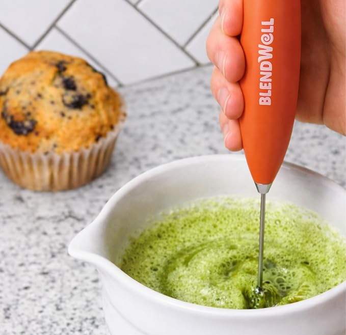 BlendWell Electric Milk Frother for Matcha and Coffee, Handheld Battery Operated Drink Mixer with Stand, Stainless Steel Whisk, Orange