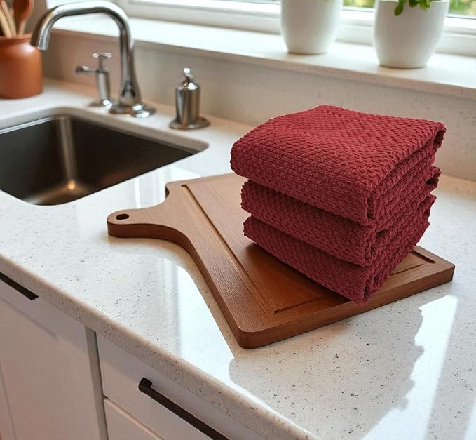 Dark Red Brick Kitchen Hand Dish Towels, Set of 3, 100% Cotton, 18" x 28" | Terry Loop Textured, Soft & Absorbent Cleaning Cloth, Quick Dry, Multipurpose for Everyday Use