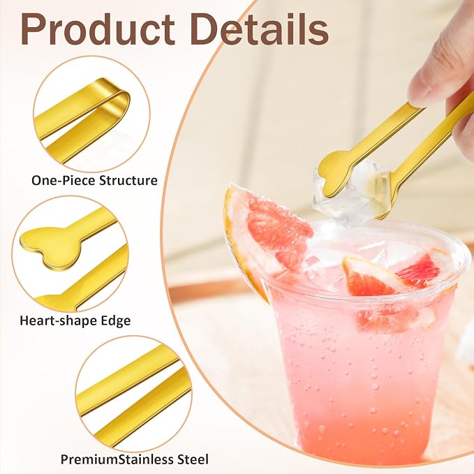 8 PCS Gold Mini Serving Tongs, 4.88 Inch Small Metal Kitchen Charcuterie Tongs, Stainless Steel Sugar Cube Ice Tong for Coffee Bar, Tea Party, Desserts Party, Ice Bucket and Sugar
