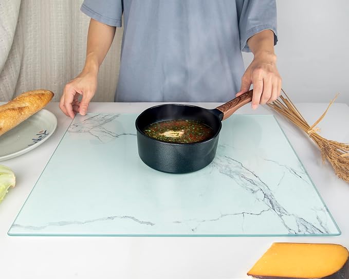 Glass Cutting Board 20”x16”: Tempered Glass Kitchen Counter Protector - Durable- Scratch-Resistant, Heat-Proof - Design 2 - White Marble Effect
