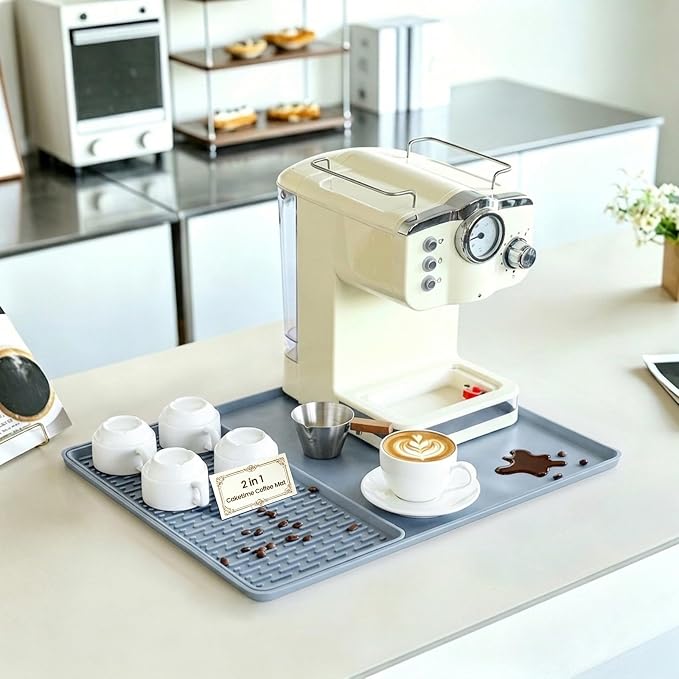 Caketime 2 In 1 Silicone Coffee Bar Mat Accessories for Keurig Coffee Maker pot with Detachable Dish Drying Rug Kitchen Counter Under Sink Drainer Necessities Rome Decor 16"x16" Light Gray