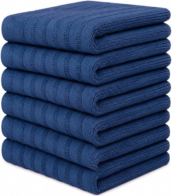 Premium Kitchen Towels 6 Pack 100% Cotton, 20"x28" - Blue Solid | Large 450 GSM Terry Dish Towel, Kitchen Hand Towels with Hanging Loop, Highly Absorbent for Washing and Drying Dishes
