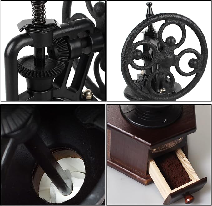 Coffee Grinder, Wooden Manual, Brown, Six Deformation Base | Cast Iron Hand Crank, Antique Coffee Mill, Roller Design, For Mesh Coffee, Decoration & Gift