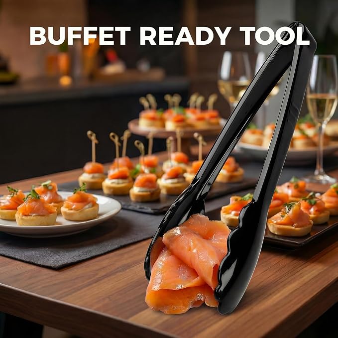 24 Pack Plastic Serving Tongs, 9 Inch Black Heavy Duty Buffet Tongs | Disposable & Reusable, Scalloped Tips, Heavy Duty, For BBQ, Catering, Buffet, Parties, Bulk Food Service