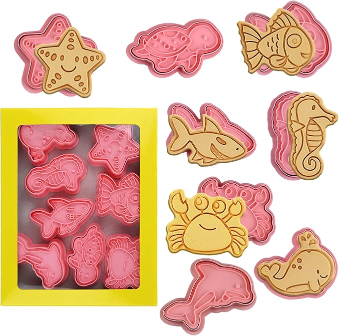 8 Piece Ocean Cookie Cutters With Plunger Stamps Set | 3D Sea Cookie Cutters, Sea Embossing Cutter For Fondant Biscuit Cheese Baking