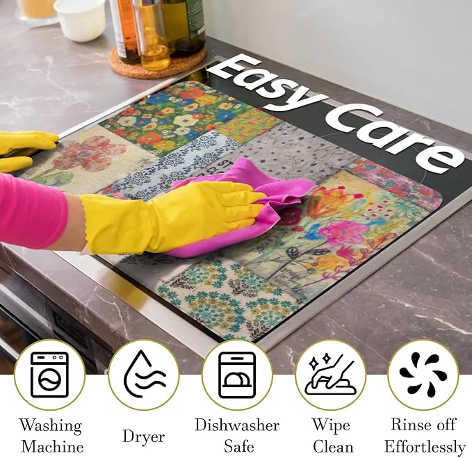 Boho Glass Stove Top Cover for Electric Stoves,Flower Floral Farmhouse Stove Top Cover for Kitchen Decor,Heat Resistant Cooktop Protector Mat,Non-Slip Washable Dish Drying Mat 28"x20"