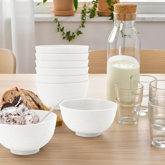 Wrova Wheat Straw Snack Bowls 10oz Set of 8 - Unbreakable Dessert Bowl for Kids - Small White Bowls for Ice Cream,Snack and Fruits - Microwave & Dishwasher Safe Mini Appetizer Bowl Sets - White