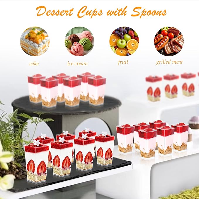 mwellewm 240 Pcs Dessert Cups with Spoons 120 Pcs 3 OZ Mini Clear Plastic Desert Parfait Cup 120 Pc Spoons for Party Small Square Serving Wine Shot Disposable Fruit Ice Cream Mousse Appetizer Bowl