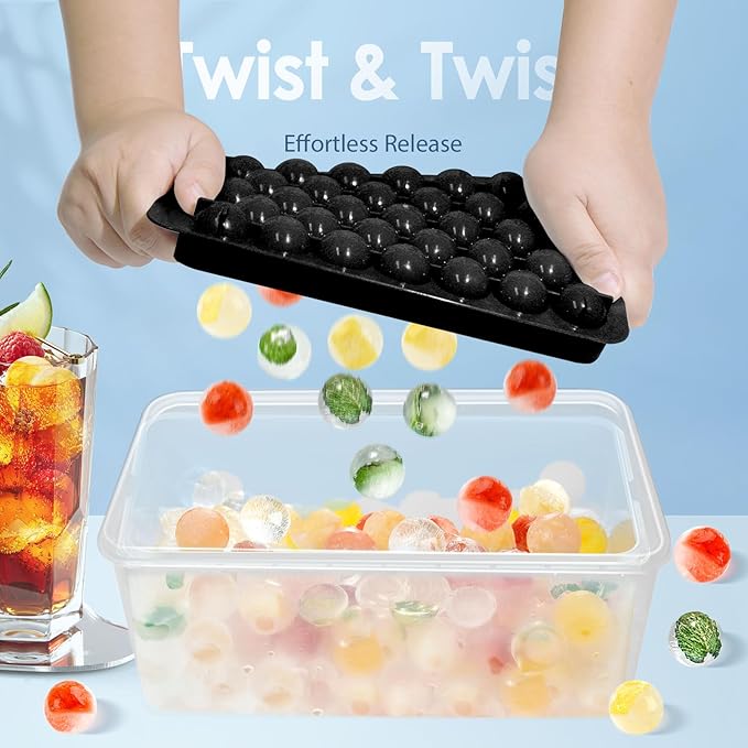 Ice Cube Tray with Lid and Bin, 1" Round Ice Trays for Freezer | 2 Black Ice Cube Trays with Ice Box & Scoop, 1" Round Ice Balls for Iced Coffee & Juice, Easy Twist Release, For Gatherings
