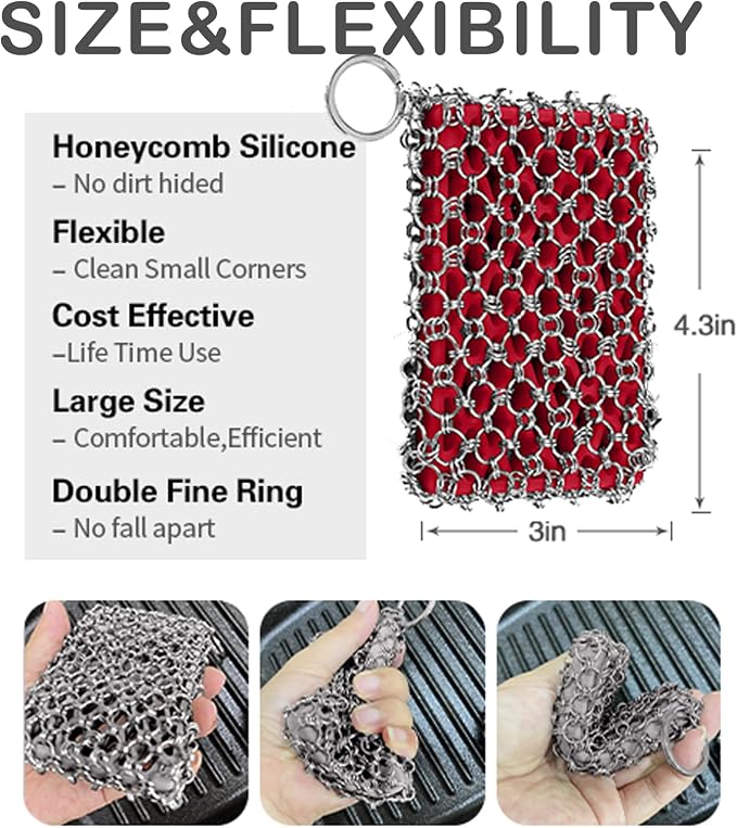 Herda 316L Cast Iron Scrubber Cleaner, Large Cast Iron Chain Mail Scrubber | Chainmail Scrubber for Cast Iron Cleaning, Skillet, Pan, Pot, Wok,Dutch Oven,Chainmail Scrubber Sponge Cleaning Kit-Red