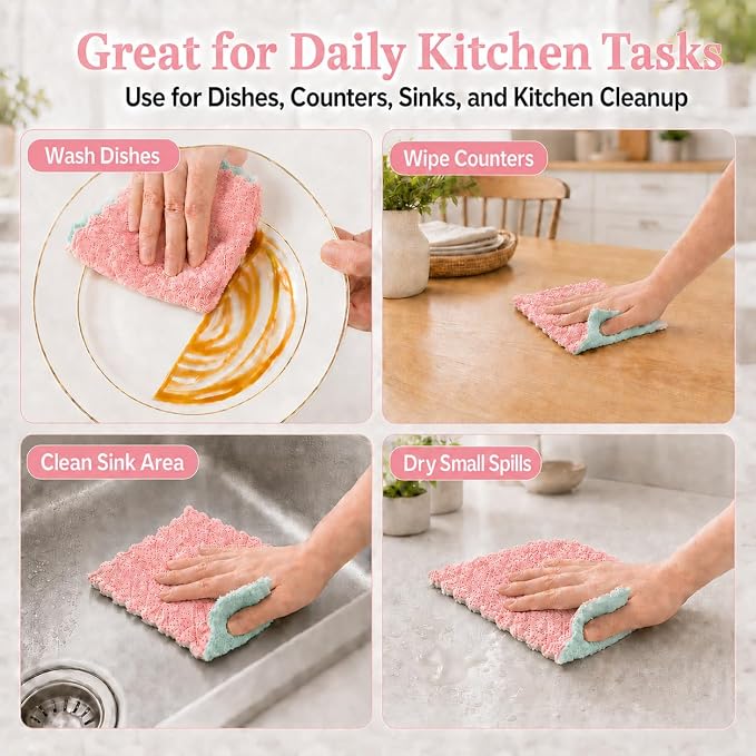 kimteny 12 Pack Dish Cloths for Washing Dishes | Super Absorbent Microfiber Kitchen Dish Rags, Fast Drying Coral Velvet Dish Cloths for Kitchen Counter and Dishes, Pink-Green