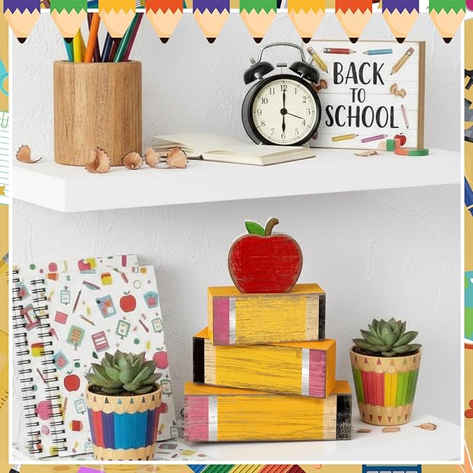 Lineshading 4 Pcs Back To School Table Decor Wooden Apple Block Signs | Back to School Teacher Decor, Pencil Apple Blocks for Classroom Tiered Tray, Rustic Farmhouse Tabletop Signs Gift