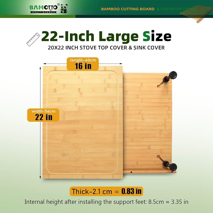 BAMOTTO CRAFTBAMBOO 16 x 22 Inch Bamboo Cutting Board Stovetop Cover | Detachable Support Legs | Detachable Front Lip | Over-the-Sink Board | RV Camper and Home Kitchen