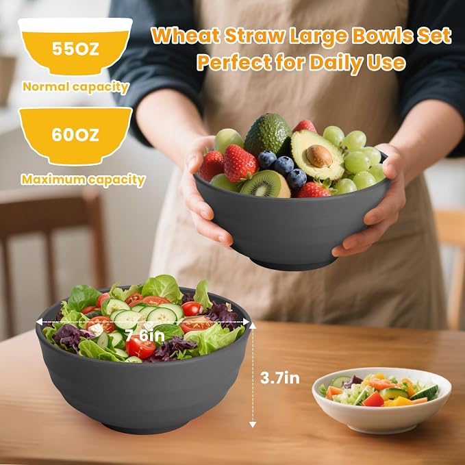 Wheat Straw Bowls Set of 8, 60oz Extra Large Unbreakable Bowls - Lightweight Alternative to Plastic Serving Bowls for Cereal, Ramen & Soup, Microwave Safe for Outdoor Activities (Grey)