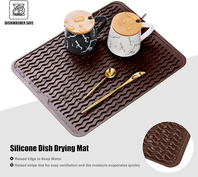 Silicone Dish Drying Mat, Non-Slip Easy Clean Sink Mat, Coffee, 18" x 16" | Quick-Dry Ridges, Large Heat-resistant Dish Drainer Mat for Kitchen Counter, Hangable & Roll-Up for Storage, Dishwasher Safe