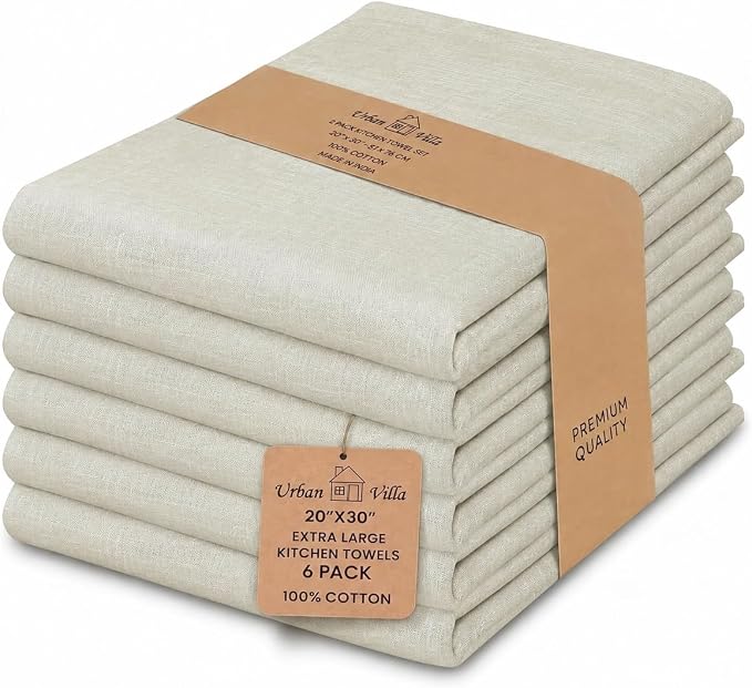 Urban Villa Kitchen Towels Cotton Dish Towels 20”x30” (Set of 6) Beige/White