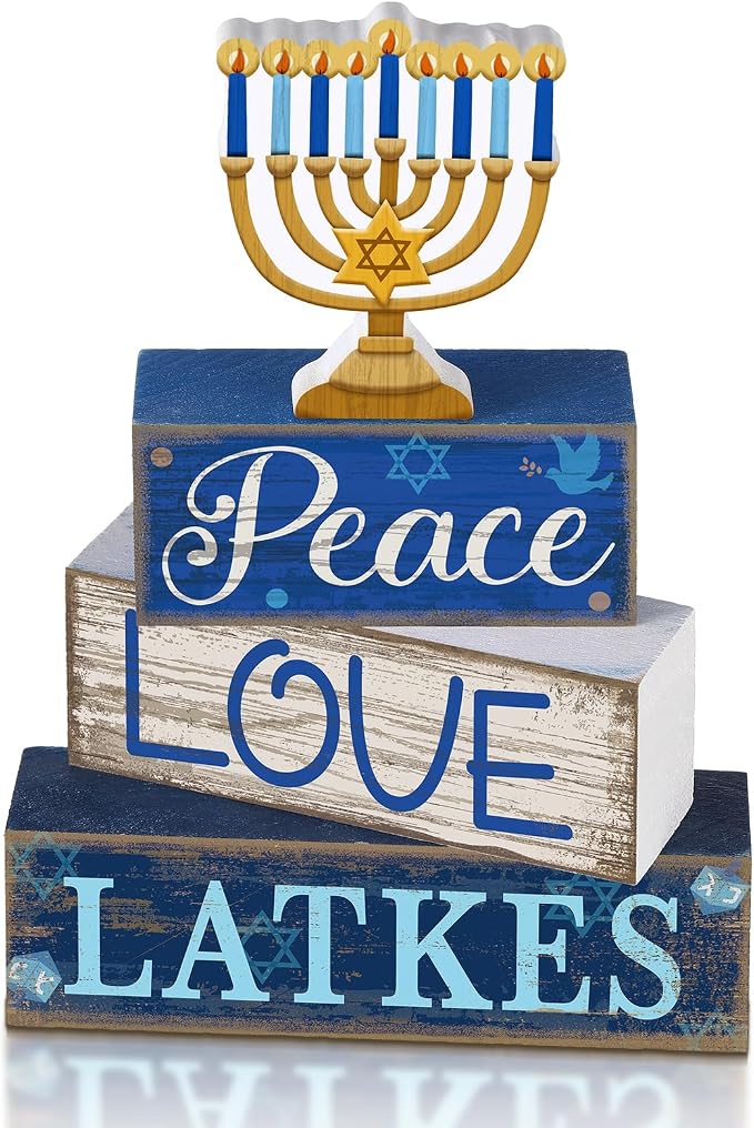 Lineshading 4 Pcs Hanukkah Decorations for Home Wooden Menorah Decor | Chanukah Table Decor, Hanukkah Centerpiece, Rustic Menorah Block Signs Jewish New Year Decoration for Home Tiered Tray Decor