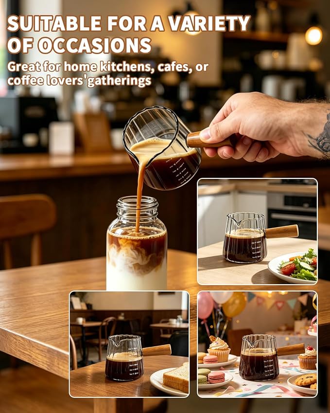 2 Pack Espresso Measuring Cups & 2 Spoons, 6oz Gray & Clear Borosilicate Glass Cups with Wood Handle, V-Shaped Spout Ribbed Milk Frothing Cup for Coffee, Latte, Cappuccino, Tea