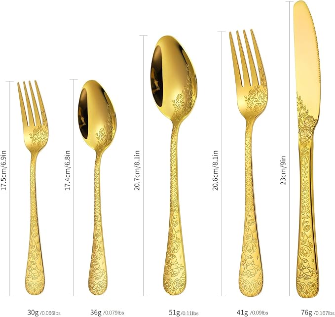 A·HOUSEWARE Gold Flatware Floral Set Stainless Steel Silverware 30 Piece Forks Spoon Knives Cutlery for 6 Kitchen Utensil Vintage Embossed Handle Durable Festival Parties Everyday Use