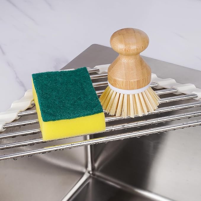 Tomorotec Triangle Roll-Up Dish Drying Rack Sink Corner Small Foldable Stainless Steel Over The Sink Multipurpose Kitchen Drainer Caddy Organizer Storage Shelf Holder (Coconut Milk White) | BPA-Free Food-Grade Silicone Edges Foldable Waterproof Rustpro...