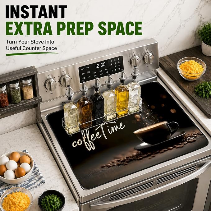 Electric Stove Top Cover for Glass Top, Coffee Time Cafe Decor – Heat Resistant Flat Stove Top Covers, Decorative Scratch Protector Mat for Glass Ceramic Cooktop, Non-Slip, 28"x20"