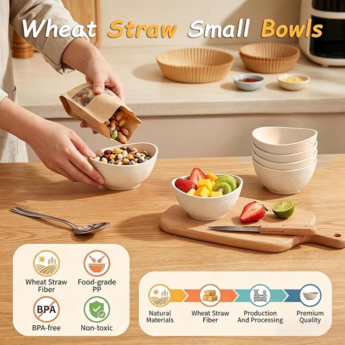 Dessert Bowls 10oz, Wheat Straw Bowls Set of 6, Unbreakable Plastic Bowls Reusable for Breakfast, Snack, Dessert, Side Dish, Microwave Safe Kitchen Bowls for Party, RV, Camping - Beige