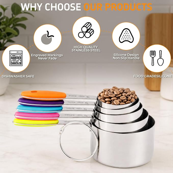 Measuring Cups and Spoons Set of 10 Pieces | Stainless Steel Nesting Measuring Cups Set with Colorful Silicone Handles, Kitchen Utensils for Cooking Baking
