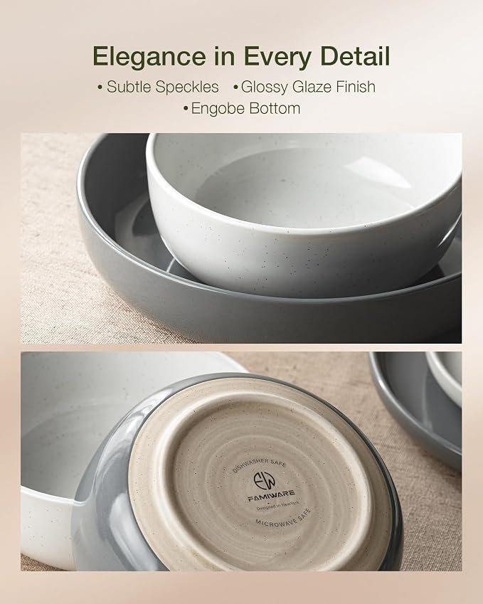 Famiware Milkyway 12-Piece Stoneware Dinnerware Set, White & Dark Gray | Plates and Bowls for 4, Dishes Set for Everyday & Formal Use, Microwave & Dishwasher Safe, Chip & Scratch Resistant