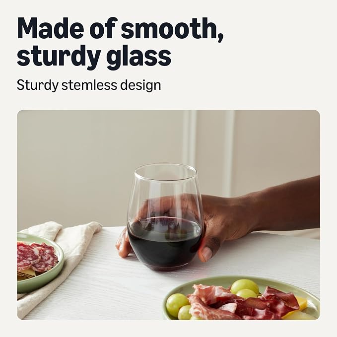 Amazon Basics Stemless Red Wine Glasses, 18 oz., Dishwasher-Safe, 4-Piece Set