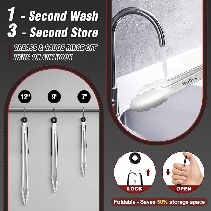 Food Grade Stainless Steel Kitchen Tongs for Cooking,BBQ - 7 ，9 and 12 Inch,Set of 3 Heavy Duty Locking Metal Food Tongs Non-Slip Grip