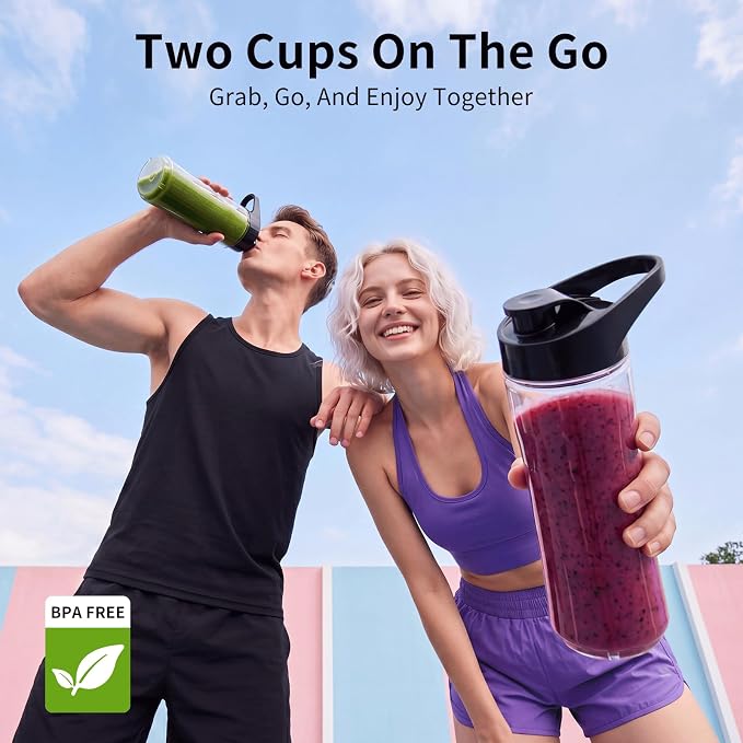 COKUNST Smoothie Blender, Personal Blender with 2 To-Go Cups & Lids, Black | 25,000 RPM Powerful Motor, Blender and Grinder Combo, One-Button Pulse, BPA Free, Compact Size, for Kitchen, Frozen Drinks