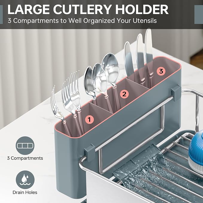 Urackify Dish Drying Rack - Stainless Steel Dish Rack with Auto Drain, Blue | Rustproof Dish Drainer with Cutlery Holder & Auto Drain, 16.9" L x 12.4" W Big Load for Plate Dish Sliverware, Light Geen