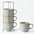 HASENSE Stackable Coffee Mugs, 15 Oz Ceramic Coffee Mugs with Stand, Vertical Striped Coffee Cups Set of 4 with Handle, Space-Saving Suitable for Kitchens and Coffee Nook, Blue-Gray