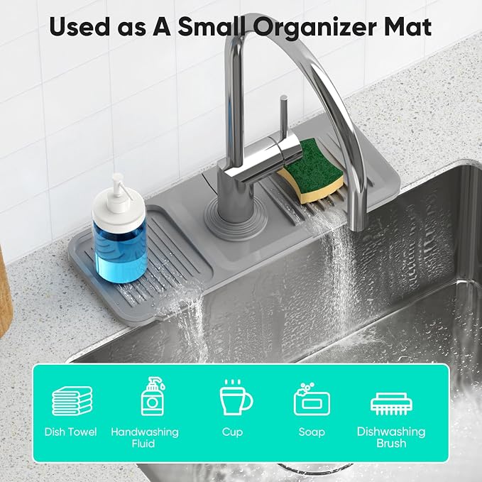 14.6'' Faucet Mat for Kitchen Sink [5°Slope Fast Self-draining] Kitchen Sink Splash Guard Silicone Kitchen Sink Faucet Mat Splash Guard for Kitchen Sink Area Tidy Splash Faucet Guard Draining Mat