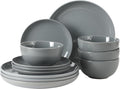 Gibson Home Rockaway 12 Piece Plates and Bowls Matte Outside/Shiny Inside Glaze Service for 4 Dinnerware Set - Blue - Dishwasher and Microwave Safe