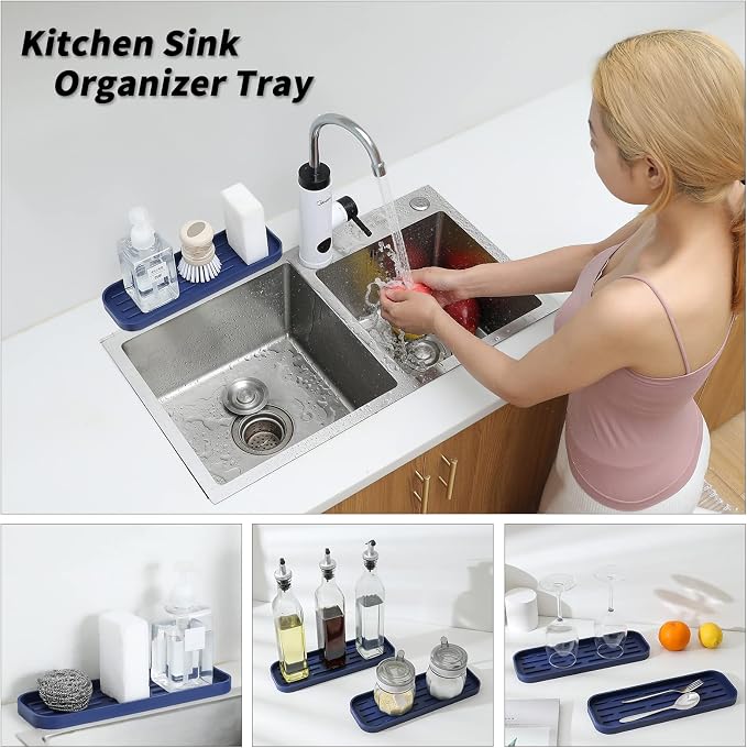 MicoYang Silicone Kitchen Sink Organizer Tray for Multiple Usage,Eco-Friendly Sponges Holder for Kitchen Bathroom Counter or Sink,Dish Soap Dispenser,Scrubber,Bottle,Cup (Navy Blue, 12"×4")